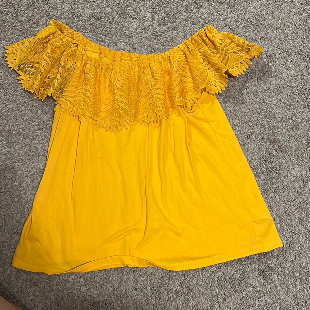 Yellow Off-Shoulder Lace Trim Top